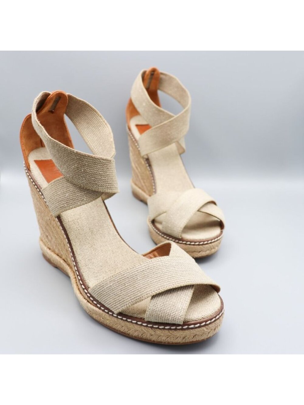 Tory Burch Frieda Platform Wedge Espadrille Sandals Beige Elastic Straps 9.5 B